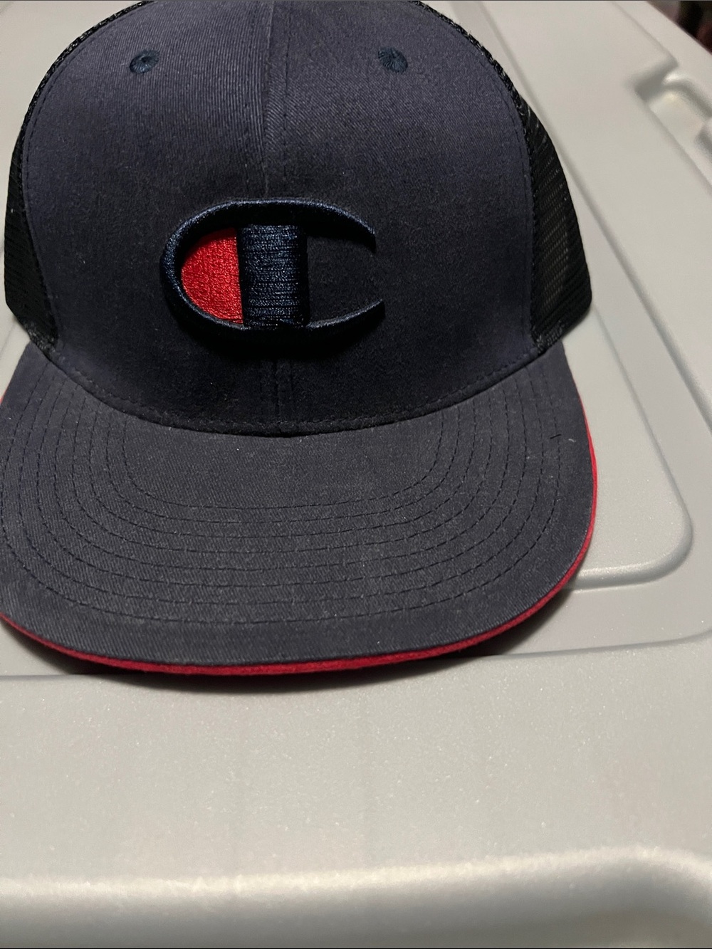 Champion Navy and Red Logo snap back Hat